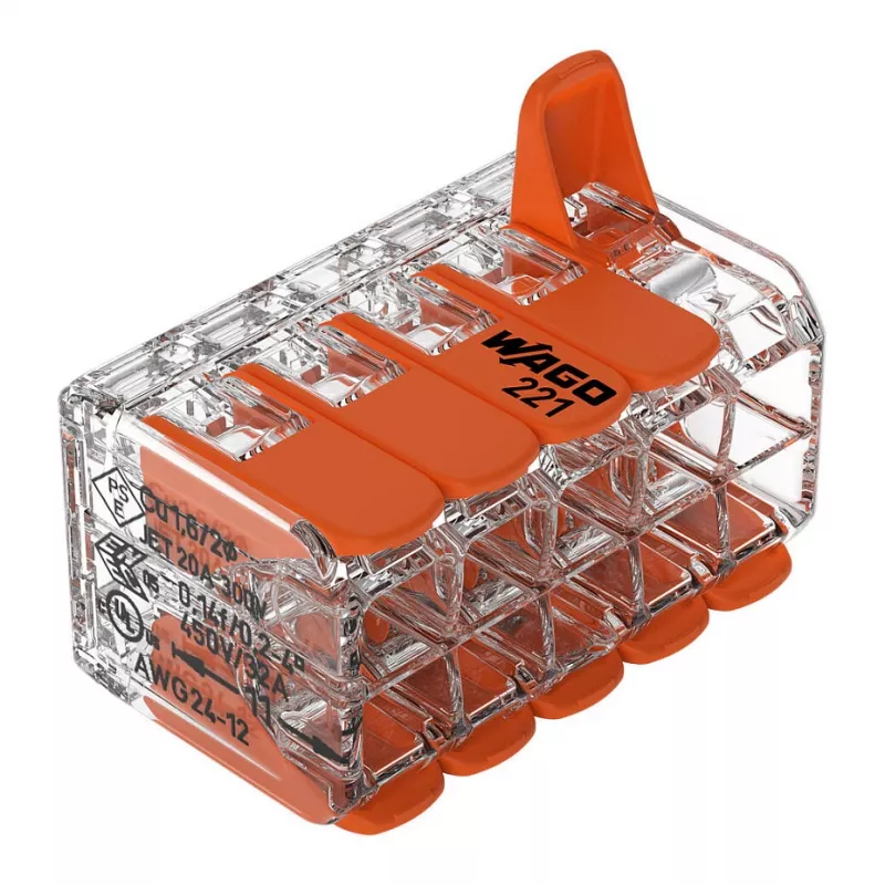 WAGO 221-420 compacte lasverbinder met hendels, 10-aderig, 0,2-4 mm², transparante behuizing, oranje hendel, 10-pack