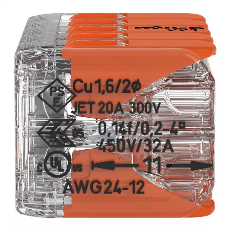 WAGO 221-420 compacte lasverbinder met hendels, 10-aderig, 0,2-4 mm², transparante behuizing, oranje hendel, 10-pack