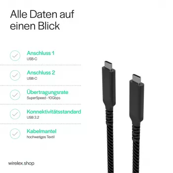 Flexline USB-C naar USB-C-kabel, USB 3.2 Gen 2, 100W PD, gevlochten nylon, 1 m (FL31-75004)