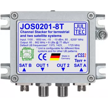 JULTEC JOS0201-8T Unicable II / JESS single cable-converter met 2x optische satelliet- en 1x optische terrestrische ingang, 8x F-type-uitgang, FC/PC-stekkerverbinders
