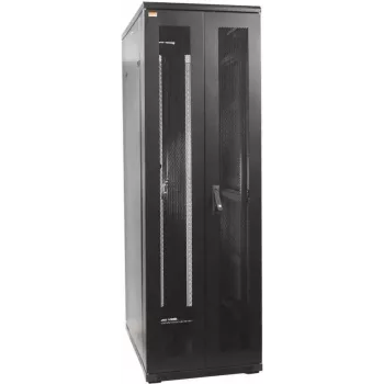 IT-BUDGET 19 inch netwerkkast SRK compleetset 42U 600x600 mm geperforeerde dubbele deuren voor en achter 4 actieve ventilatoren PDU planken voorgemonteerd zwart (99ITB19SRK4266DTSM)