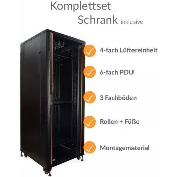 IT-BUDGET 19 inch netwerkkast SRK - compleetset - 42HE - breedte 800 mm, diepte 800 mm - glazen/stalen deur - 4 actieve ventilatoren - PDU - inschuifbare planken - voorgemonteerd - zwart (99ITB19SRK4288GSM)