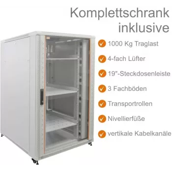 IT-BUDGET 19 inch netwerkkast SRK - compleetset - 27U - 800x800 mm - glas-/plaatdeur - 4 actieve ventilatoren - PDU - legplanken - flatpack - lichtgrijs (90ITB19SRK2788GG)