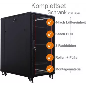 IT-BUDGET 19-inch netwerkkast SRK - compleetset - 27 HE - BxD 800x800 mm - glazen/stalen deur - 4 actieve ventilatoren - PDU - legplanken - voorgemonteerd - zwart (99ITB19SRK2788GSM)
