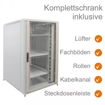 IT-BUDGET 19 inch netwerkkast SRK compleetset 27U 800x800 mm glas-/geperforeerde stalen deur 4 actieve ventilatoren PDU legplanken gemonteerd lichtgrijs (99ITB19SRK2788GGM)