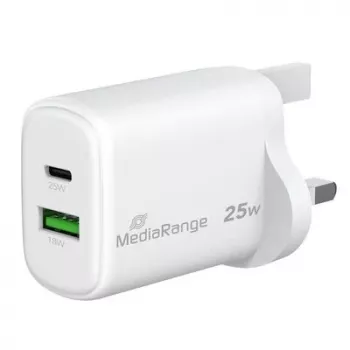 MediaRange 25W GaN snellader UK-stekker, 1x USB-C & 1x USB-A, PD & QC, wit (MRMA112-UK)
