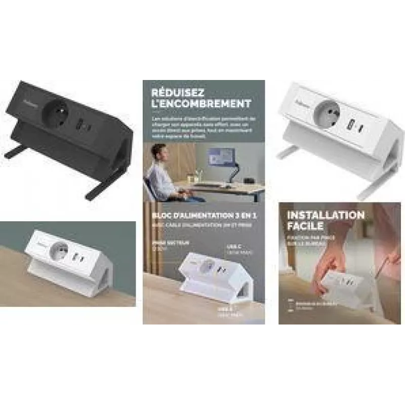 Fellowes Power Desk tafelstekkerdoos type E wit 3 AC-stopcontacten 2 USB-A 2m kabel