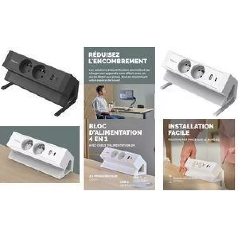 Fellowes Power Desk 2 tafelstekkerdoos, Type E, 2 stopcontacten, 2 USB, zwart
