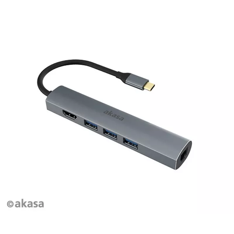 Akasa AK-CBCA22-18BK USB-C multiport-adapter - USB 3.2 Gen 1 Type-C naar HDMI, RJ-45, USB-A - aluminium - zwart - 18 cm