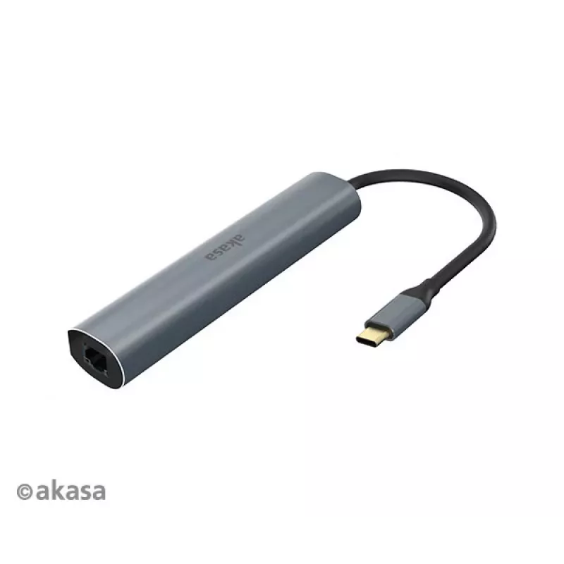Akasa AK-CBCA22-18BK USB-C multiport-adapter - USB 3.2 Gen 1 Type-C naar HDMI, RJ-45, USB-A - aluminium - zwart - 18 cm