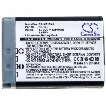 CAMERON SINO NB-13L vervangende accu voor Canon PowerShot G5 X, G7 X, G9 X, SX620 HS, SX720 HS, SX730 HS, SX740 HS (1250mAh, 3,6V, Li-Ion)