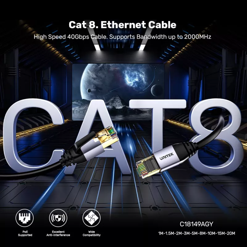 UNITEK Cat.8 S/FTP Ethernet patchkabel 10m RJ45 40Gbps 2000MHz verguld zwart