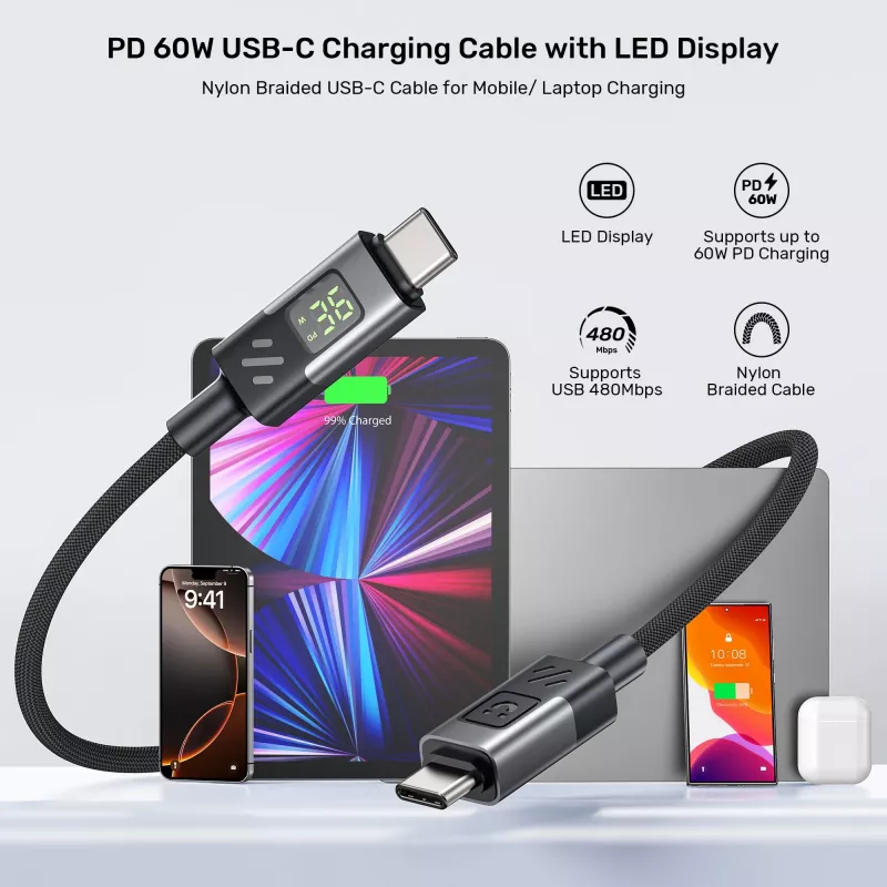 UNITEK USB-C PD 60W 480Mbps kabel met display 2m gevlochten zwart