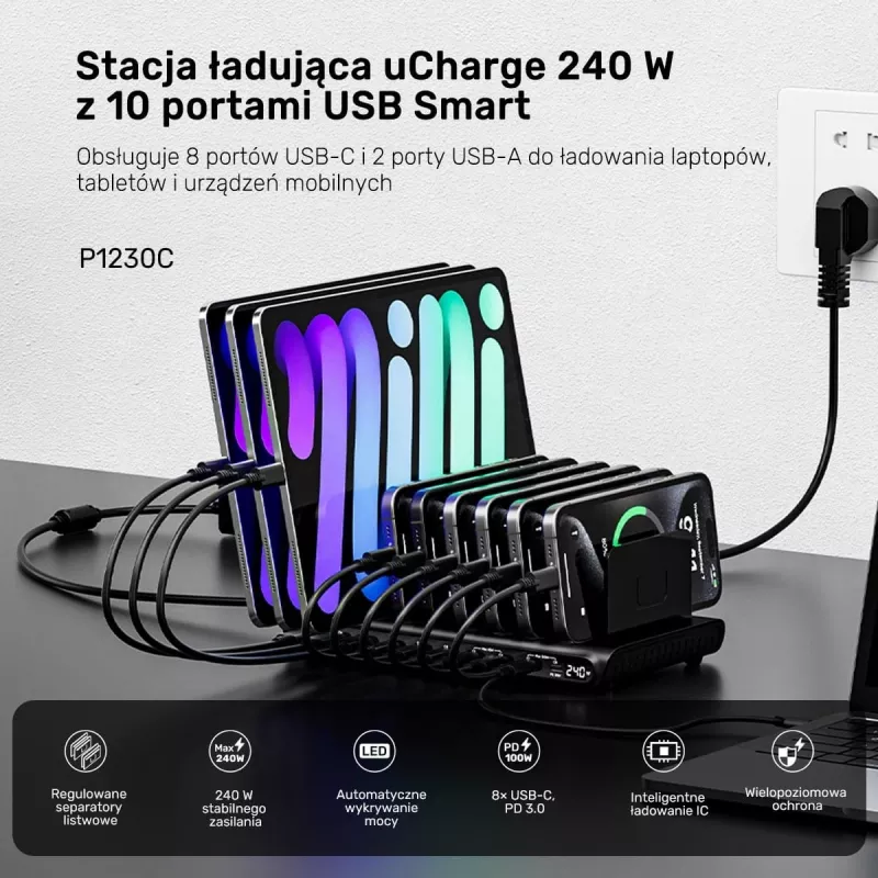 UNITEK 10-poorts USB-C & USB-A 240W oplaadstation