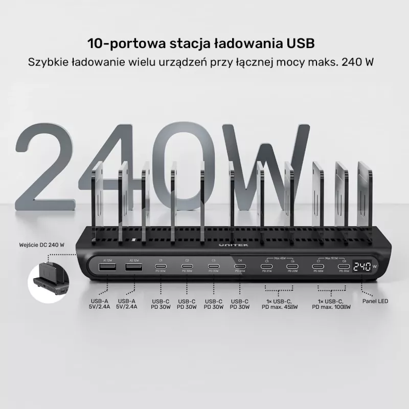UNITEK 10-poorts USB-C & USB-A 240W oplaadstation