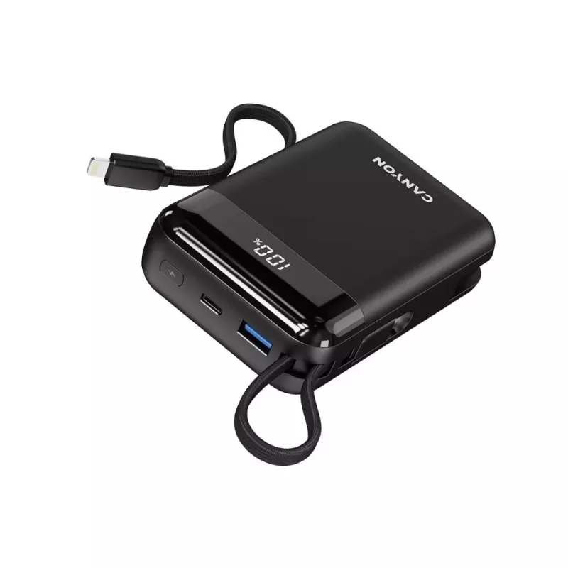 Canyon OnPower 204 20000 mAh Powerbank met USB-C- en Lightning-kabels, Zwart