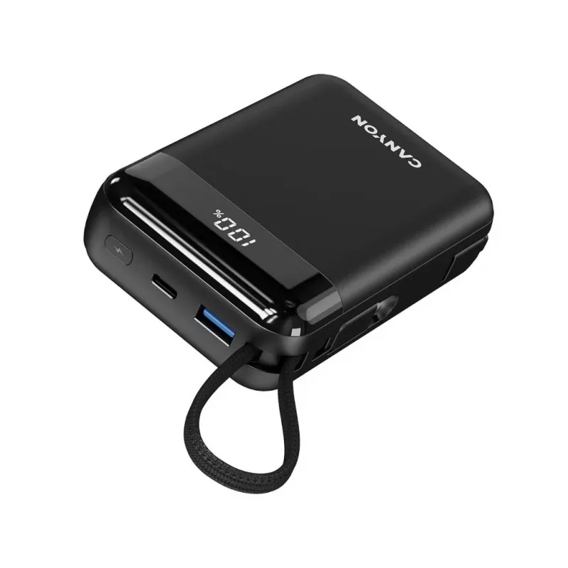 Canyon OnPower 204 20000 mAh Powerbank met USB-C- en Lightning-kabels, Zwart