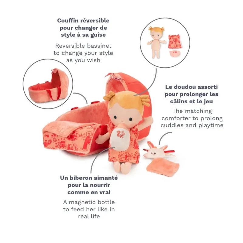 Lilliputiens Lena babypop set met draagmand, knuffeldoekje en melkfles