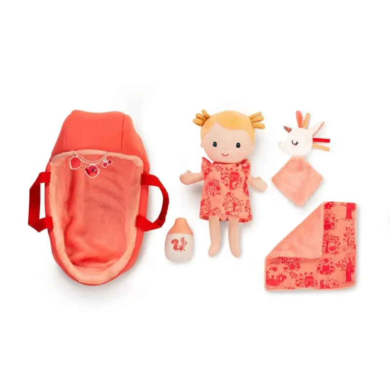 Lilliputiens Lena babypop set met draagmand, knuffeldoekje en melkfles