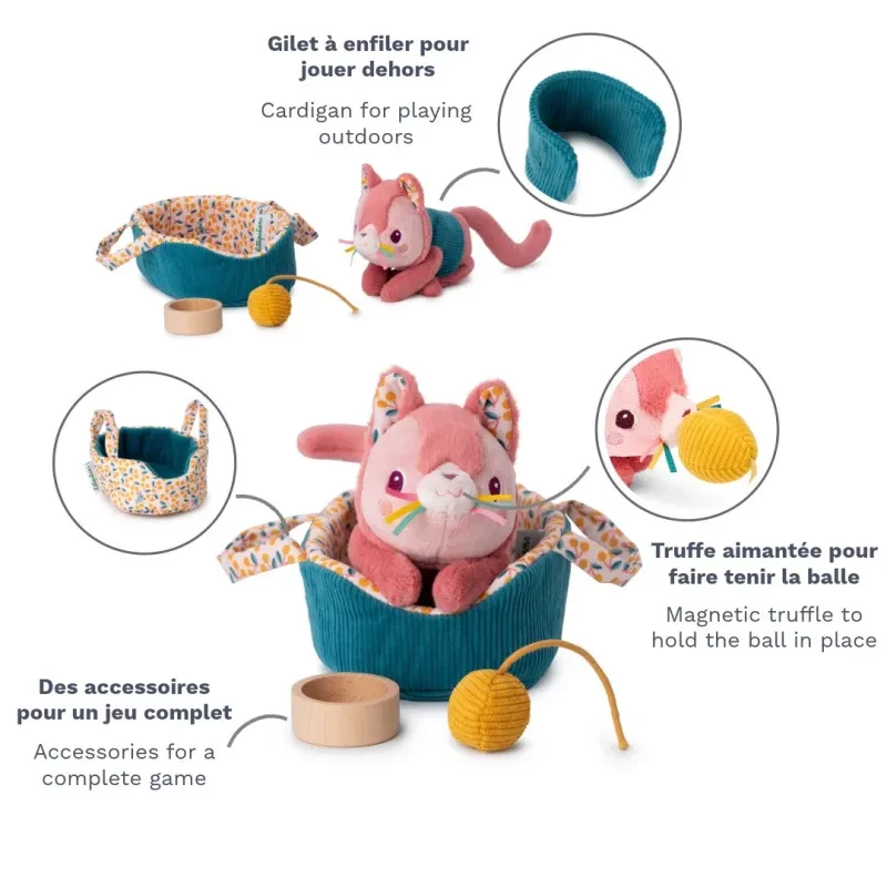 Lilliputiens Jeanne de kat pluche speelgoedset met mand en accessoires, 12m+