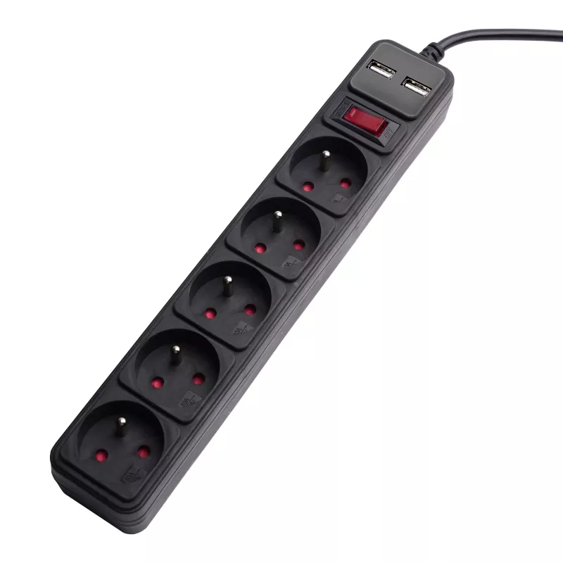 Akyga AK-SP-05U stekkerdoos met overspanningsbeveiliging, 5x CEE 7/5 (type E), 2x USB-A, 1,8 m, zwart