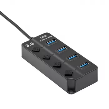 Akyga AK-AD-33 actieve USB 3.0-hub, 4 poorten met afzonderlijke schakelaars, 15 cm, zwart