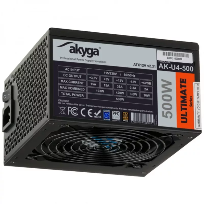 Akyga Ultimate AK-U4-500 ATX-voeding 500 W, 80 PLUS Bronze, actieve PFC, 120mm-ventilator