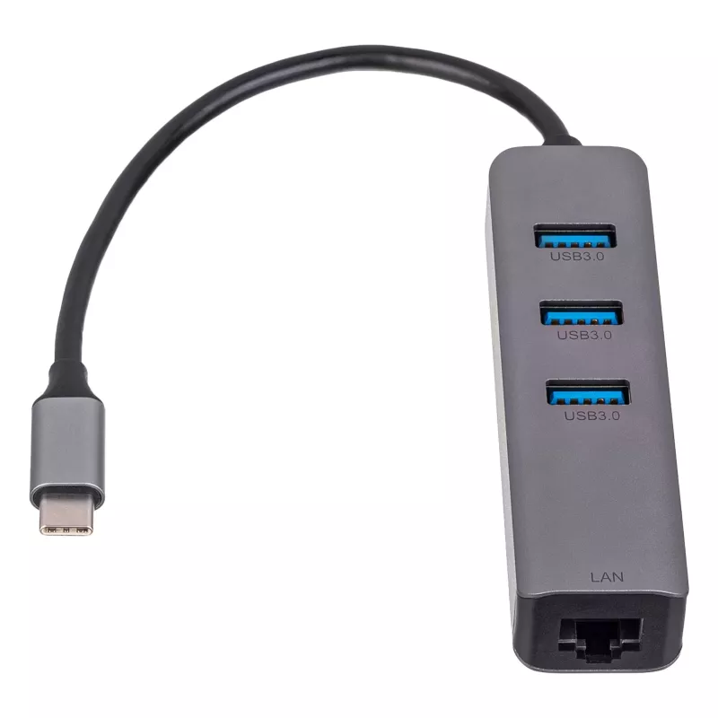 Akyga AK-AD-66 USB-C-hub met 3x USB 3.0 en Gigabit Ethernet, 15 cm, zwart