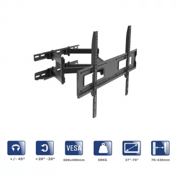 Akyga AK-MB-10 draaibare TV-muurbeugel, 37-70 inch, 50 kg, VESA 600x400, draaien ±45°, kantelen ±20°, zwart