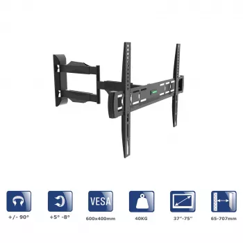 Akyga AK-MB-11 draaibare TV-muurbeugel, 37-75 inch, 40 kg, VESA 600x400, draaien ±90°, zwart