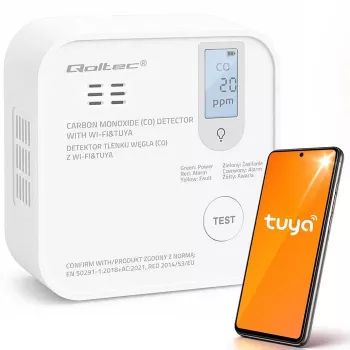 Qoltec gecertificeerde draadloze koolmonoxide (CO)-detector met batterij, CO-detector, TUYA, Wi-Fi, 10 jaar sensorduur, 85dB alarm, LED