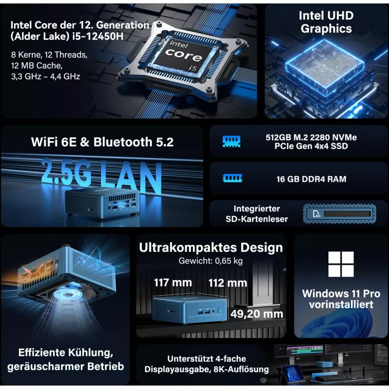 GEEKOM IT12 mini-pc, Intel Core i5-12450H, 16 GB RAM, 512 GB SSD, Windows 11 Pro, blauw