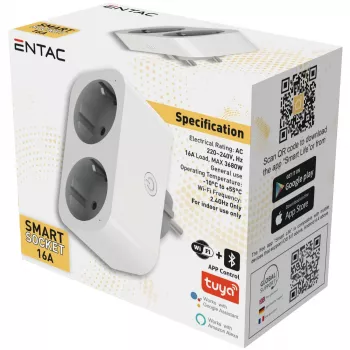 ENTAC slimme WiFi dubbel stopcontact-adapter ES-DSA-WIBLE, wit, 2 stopcontacten, 3680 W