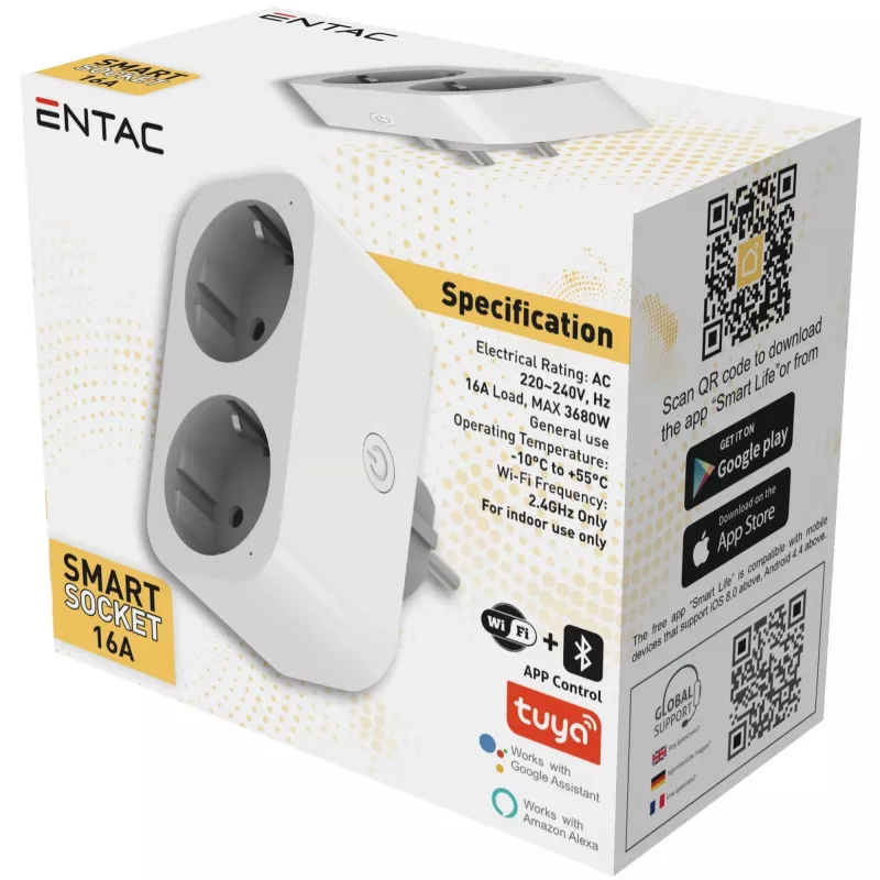 ENTAC slimme WiFi dubbel stopcontact-adapter ES-DSA-WIBLE, wit, 2 stopcontacten, 3680 W