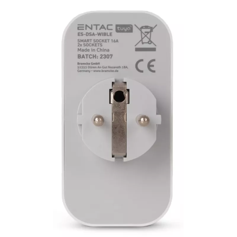 ENTAC slimme WiFi dubbel stopcontact-adapter ES-DSA-WIBLE, wit, 2 stopcontacten, 3680 W