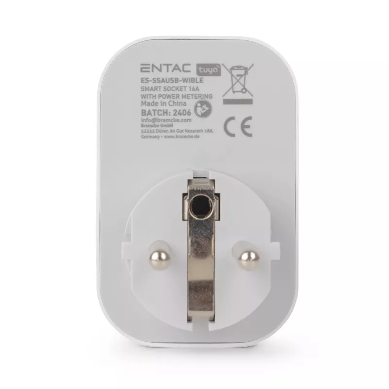 ENTAC slimme WiFi stekker 1x Schuko met 2x USB-A en 1x USB-C, wit