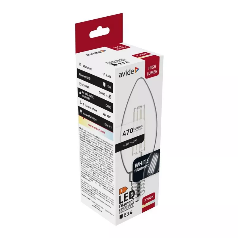 Avide LED filament kaarslamp 4,5W E14 warm wit 2700K