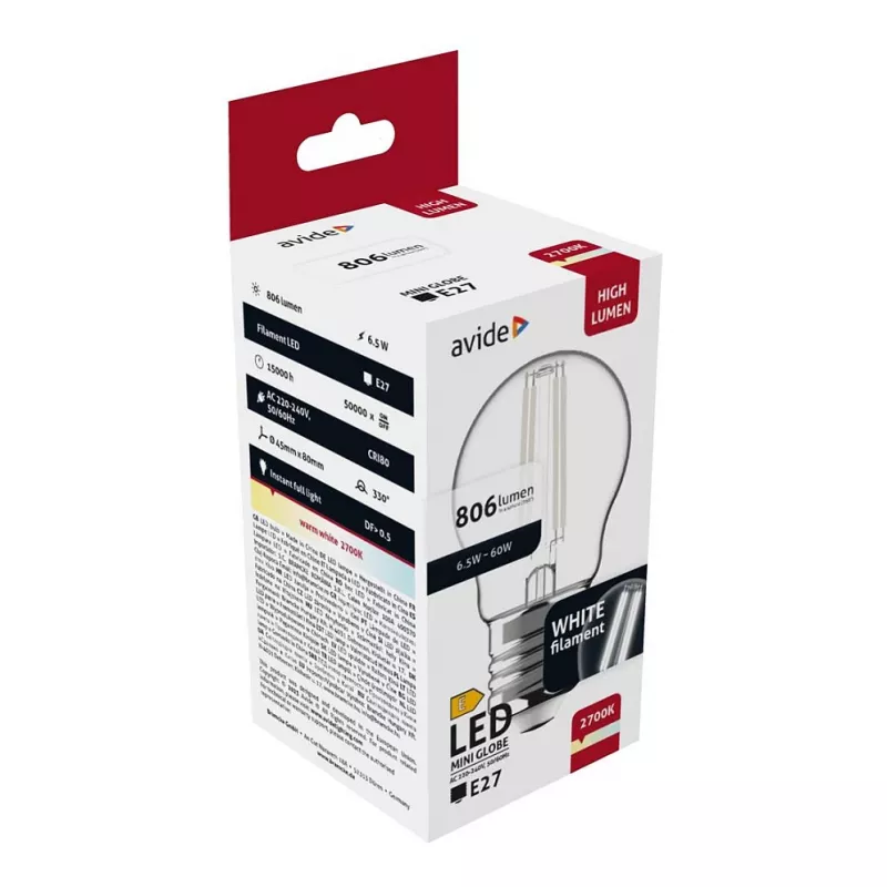 Avide LED filament Mini Globe 6,5W E27 warmwit 2700K