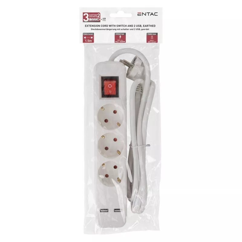 ENTAC Stekkerdoos 3-voudig met USB 1,5m Schakelaar Wit