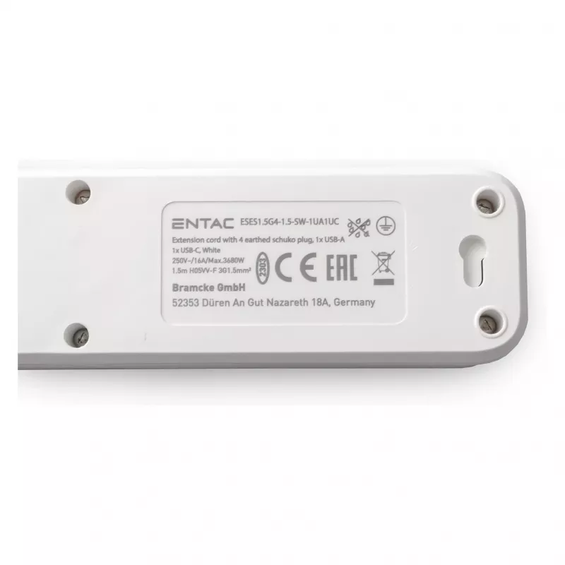 ENTAC stekkerdoos 4-voudig met 1x USB-A & 1x USB-C, 1,5 m wit