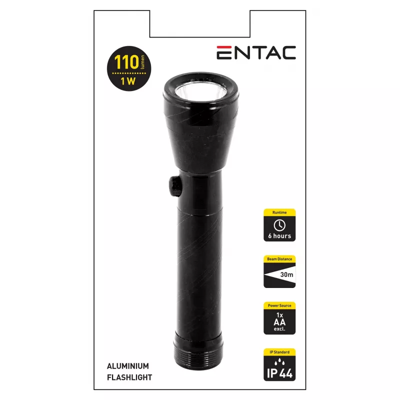 ENTAC 1W LED-zaklamp aluminium zwart AA-batterij