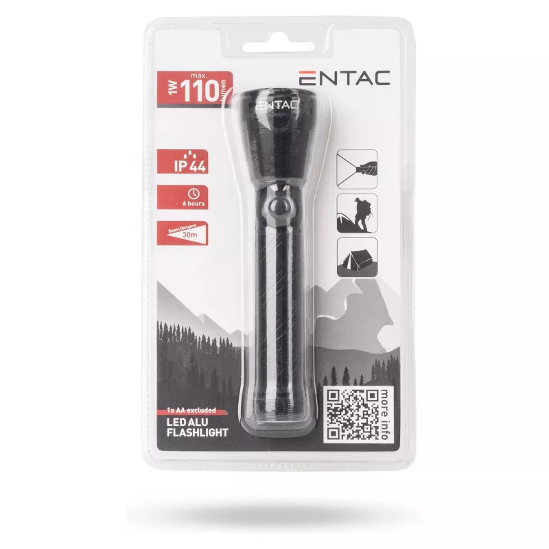 ENTAC 1W LED-zaklamp aluminium zwart AA-batterij