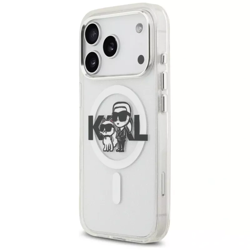 Karl Lagerfeld IML Glitter Karl & Choupette Sketch Logo MagSafe Case voor iPhone 17 Pro, Transparant