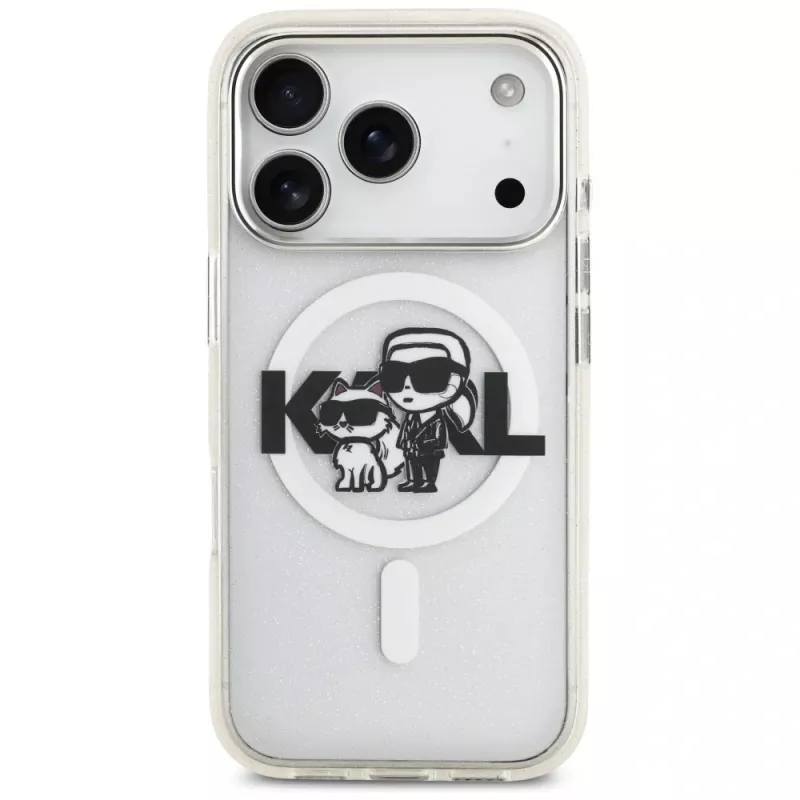 Karl Lagerfeld IML Glitter Karl & Choupette Sketch Logo MagSafe Case voor iPhone 17 Pro, Transparant