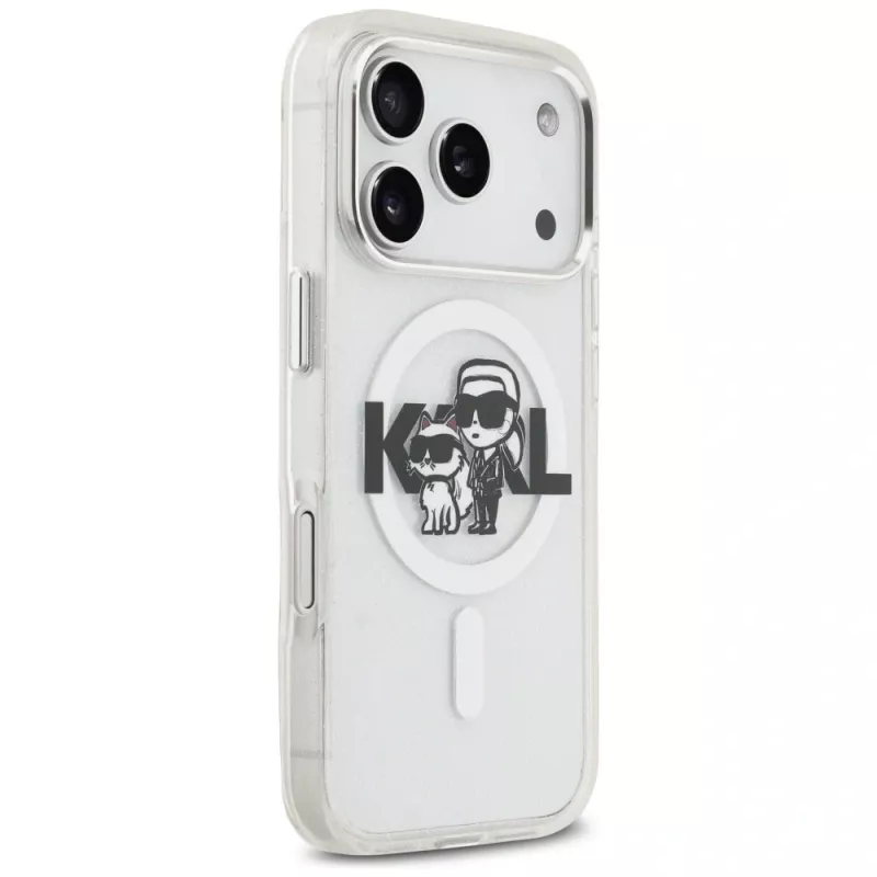 Karl Lagerfeld IML Glitter Karl & Choupette Sketch Logo MagSafe Case voor iPhone 17 Pro, Transparant