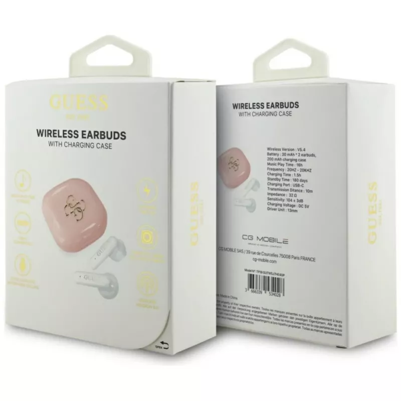 Guess 4G Metal Logo True Wireless Stereo Bluetooth 5.0 Earbuds met oplaadcase - Roze