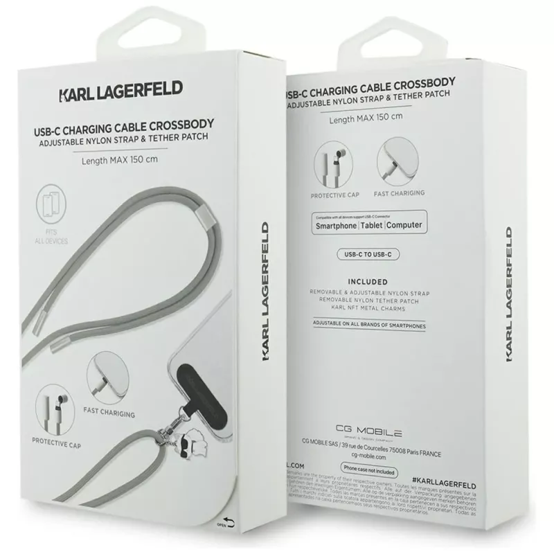 Karl Lagerfeld Crossbody Strap Choupette Charm - Universele telefoonstrap / USB-C naar USB-C kabel 1,5m (grijs)