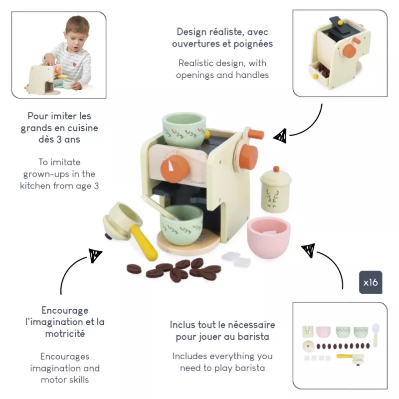 Janod houten espressomachine met accessoires Shiny Grandma 3+