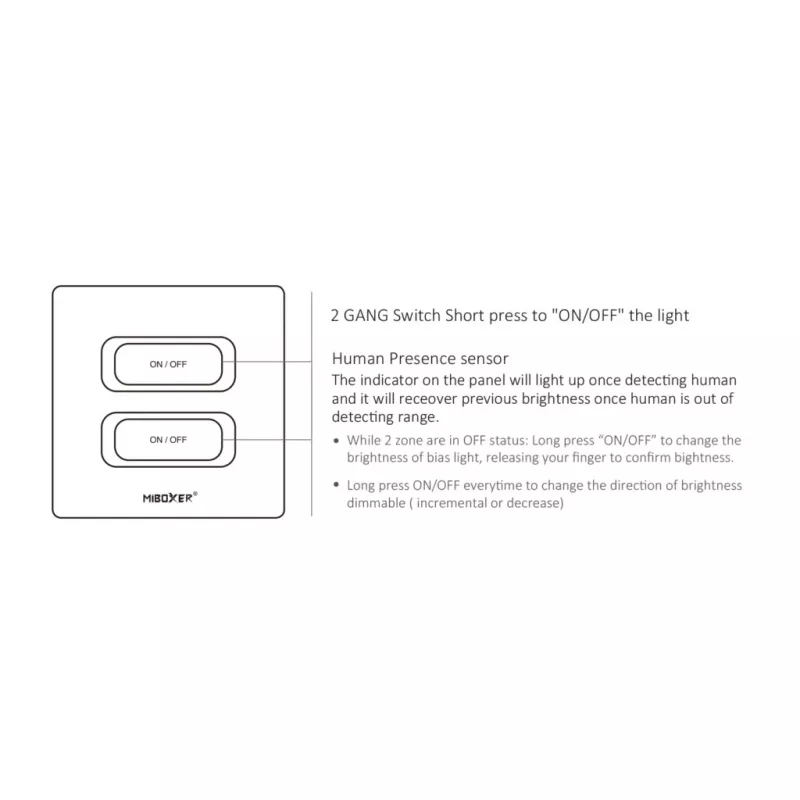 MIBOXER ESW2B 2-voudige smart switch LED-afstandsbediening met WiFi en 2,4 GHz bewegingssensor en dimmer