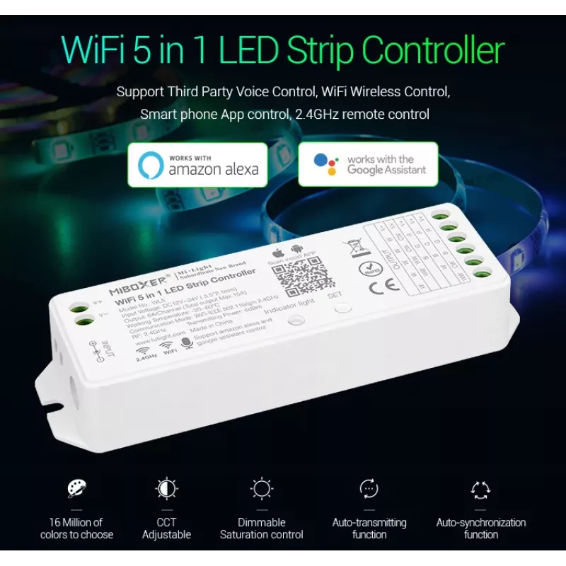 MIBOXER WL5 5in1 RGB+CCT LED-controller DC12-24V WiFi 2.4G Alexa